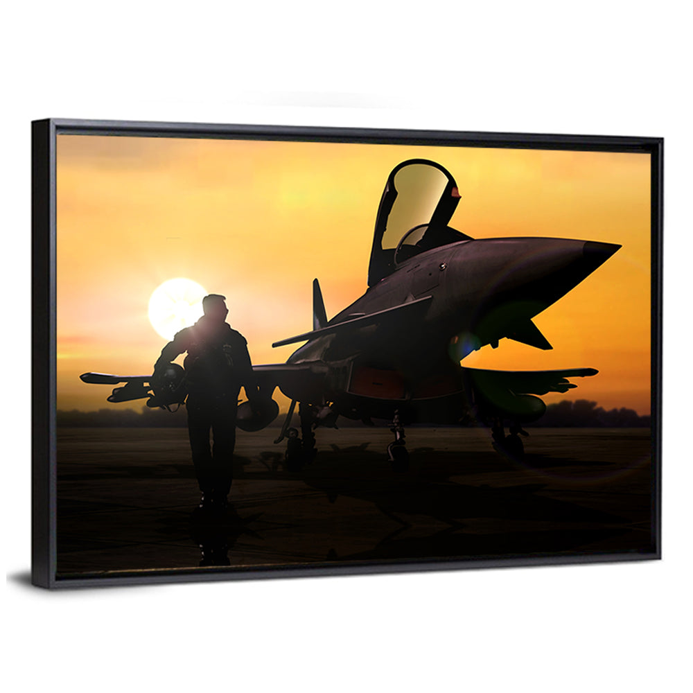 Pilot and Fighter Jet at Sunset Wall Art