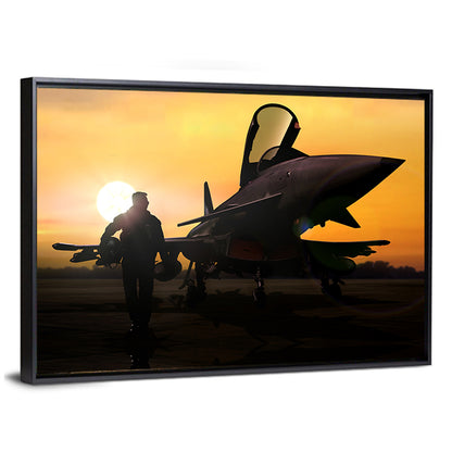 Pilot and Fighter Jet at Sunset Wall Art