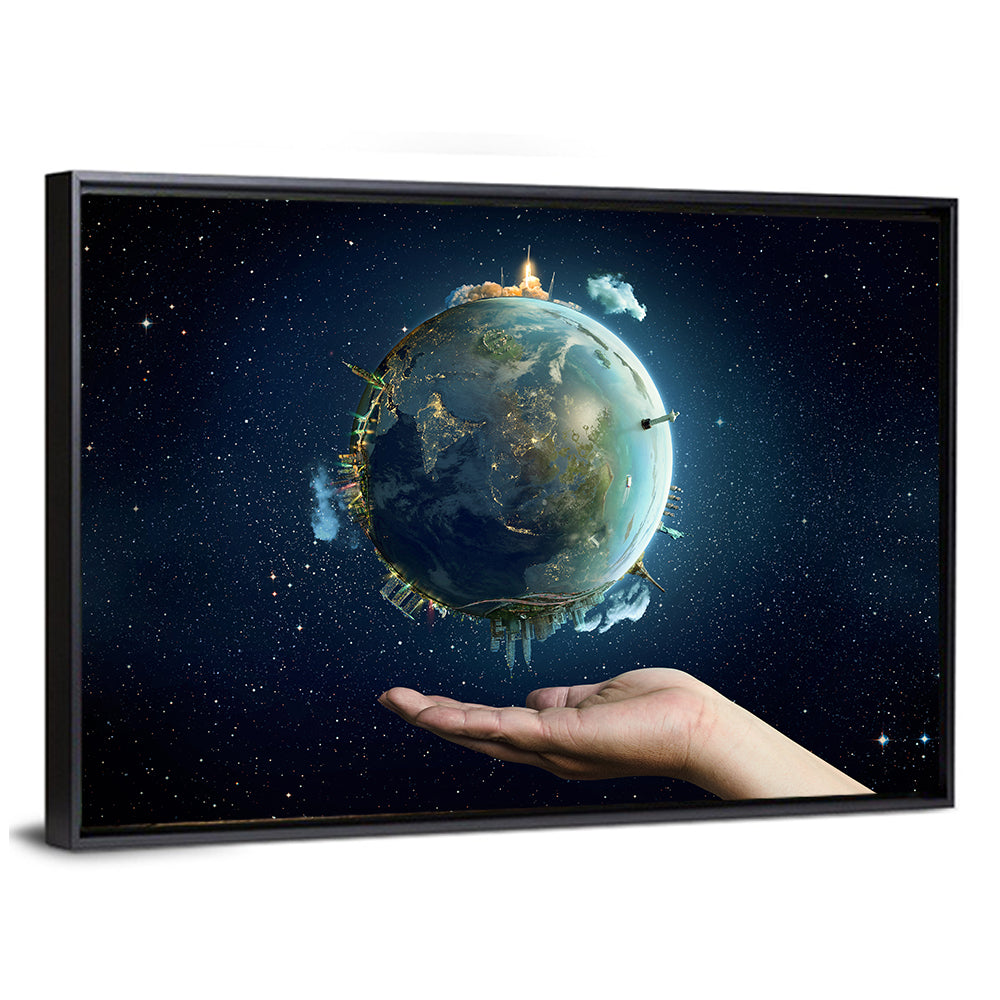 Earth Cradled in Palm with City Lights Wall Art