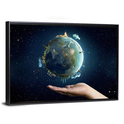 Earth Cradled in Palm with City Lights Wall Art