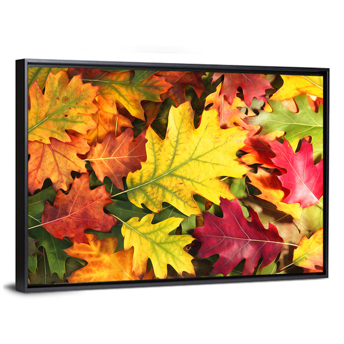 Painterly Autumn Oak Leaves Wall Art as a framed canvas