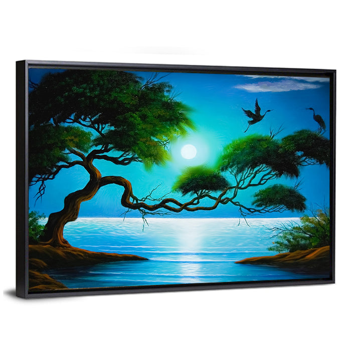 Moonlit Coastal Tree with Storks Wall Art as a framed canvas
