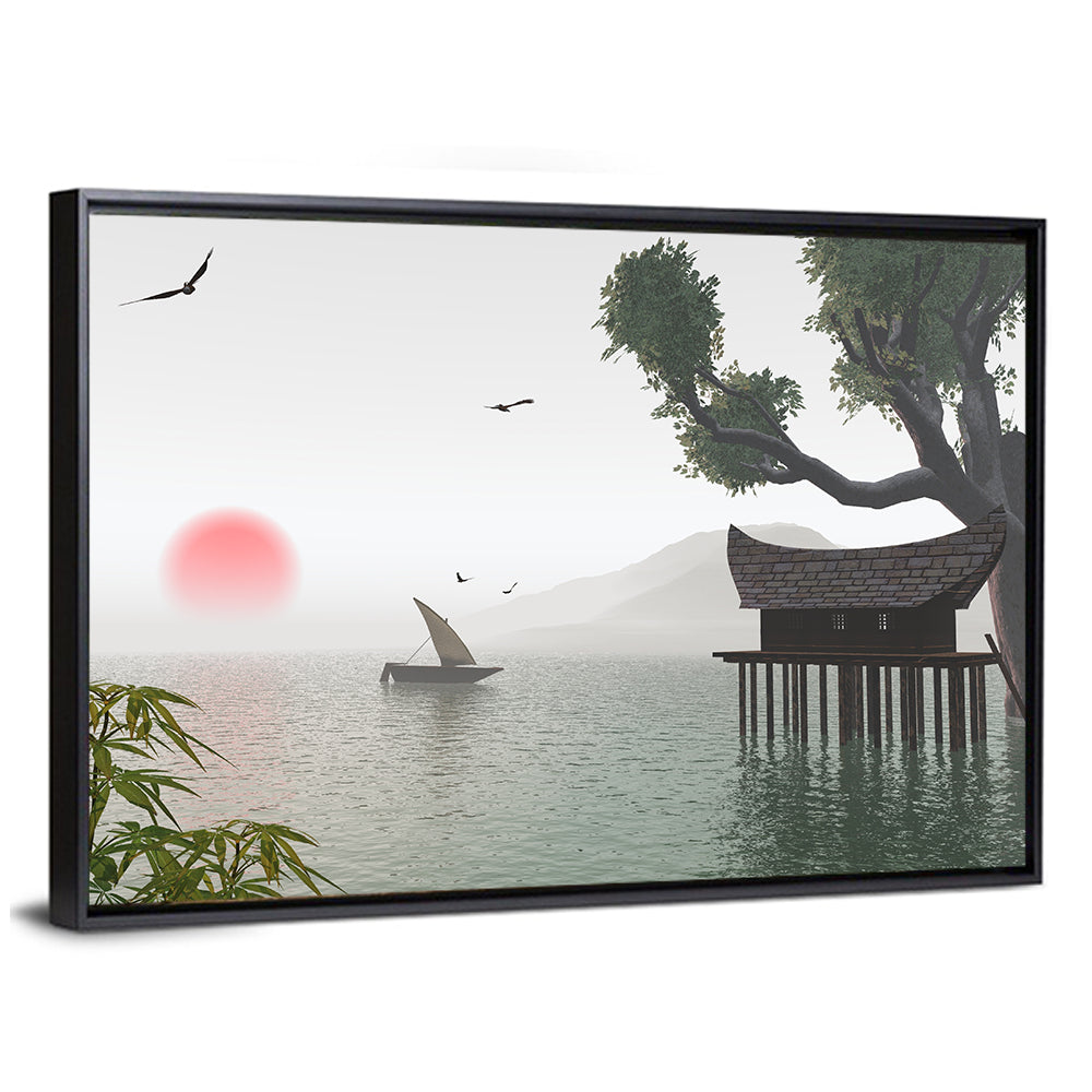 Red Sun Over Japanese Lake Wall Art