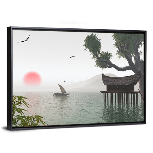 Red Sun Over Japanese Lake Wall Art