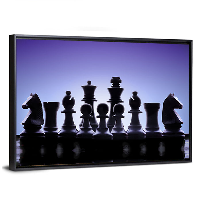 Blue Backlit Chess Pieces Wall Art as a framed canvas