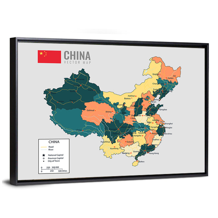 China Political Map Wall Art as a framed canvas