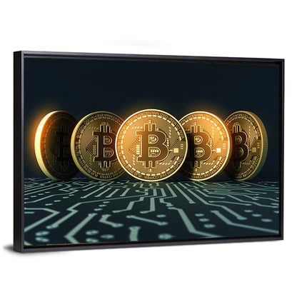 Five Golden Bitcoins on Circuit Board Wall Art