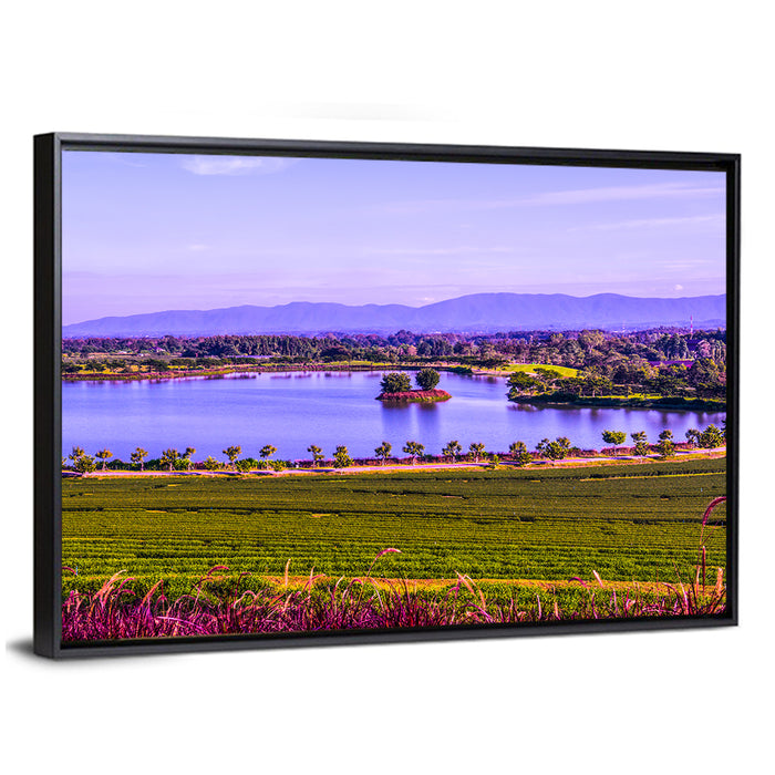 Thai Tea Plantation and Lake Wall Art as a framed canvas