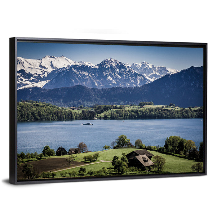 Alpine Lake View with Meadows Wall Art as a framed canvas