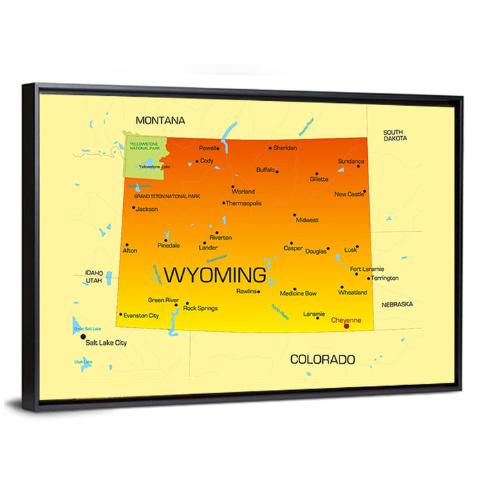 Wyoming State Map, Yellow Accent Wall Art as a framed canvas