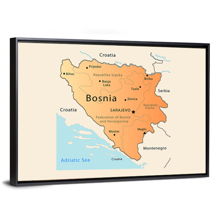 Map of Bosnia and Herzegovina Wall Art as a framed canvas