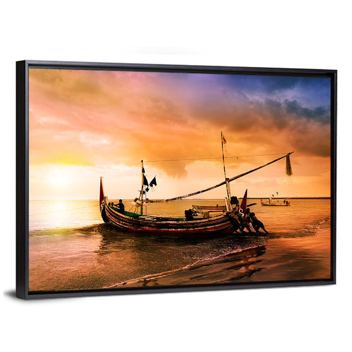 Fishing Boat on Bali Beach Wall Art as a framed canvas