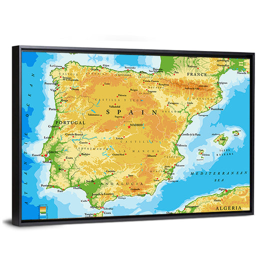 Iberian Peninsula Physical Map Wall Art