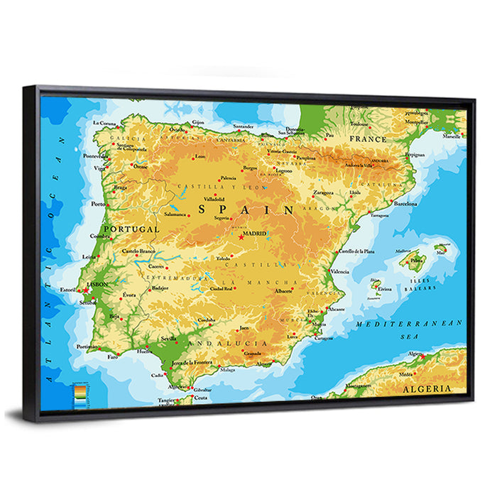 Iberian Peninsula Physical Map Wall Art as a framed canvas