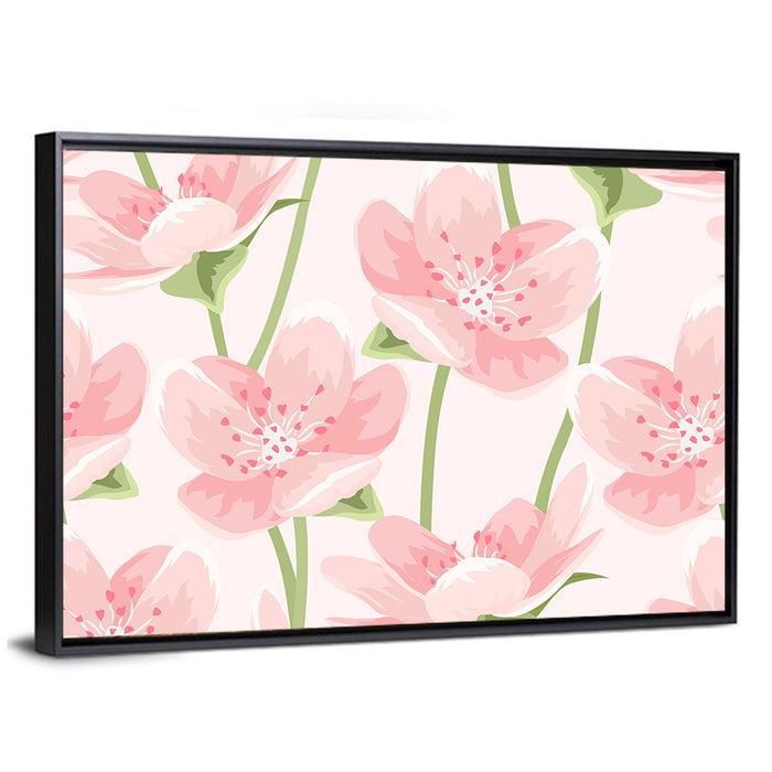 Spring Pink Sakura Magnolia Pattern Wall Art as a framed canvas