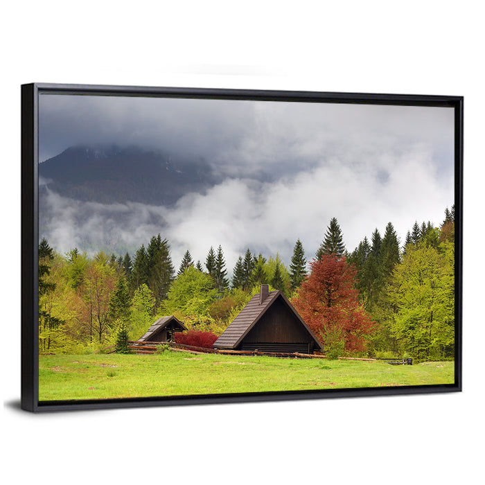 Slovenian Alps Cabin in Fog Wall Art as a framed canvas