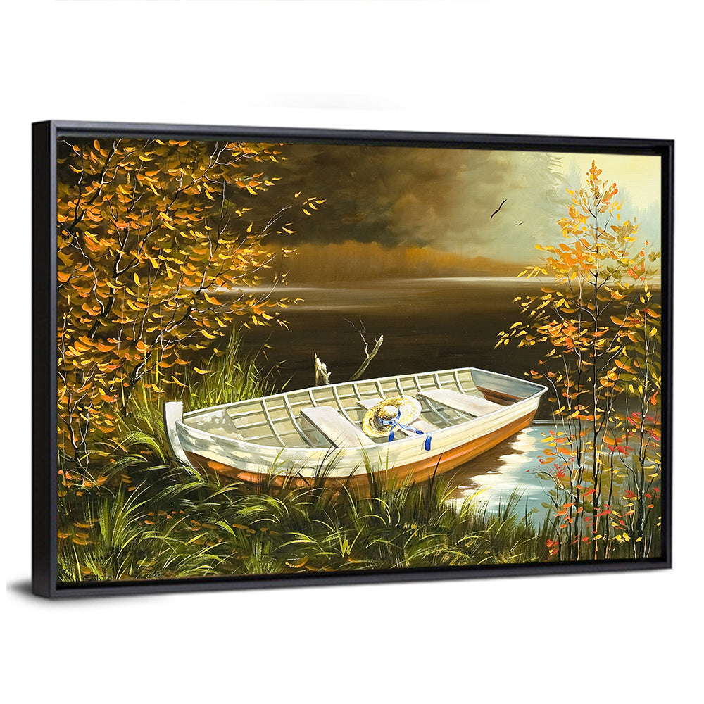 Boat with Straw Hat on Lake Bank Wall Art
