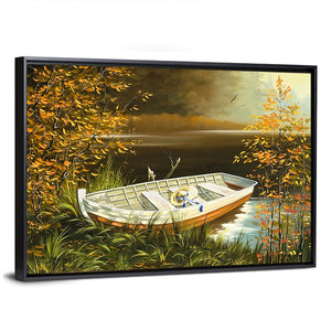 Wooden Boat On Bank Of Lake Wall Art