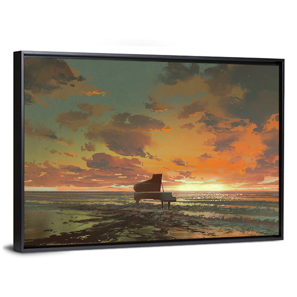 Piano on the Beach at Sunset Wall Art