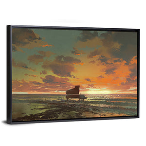 Piano On The Beach Sunset Wall Art