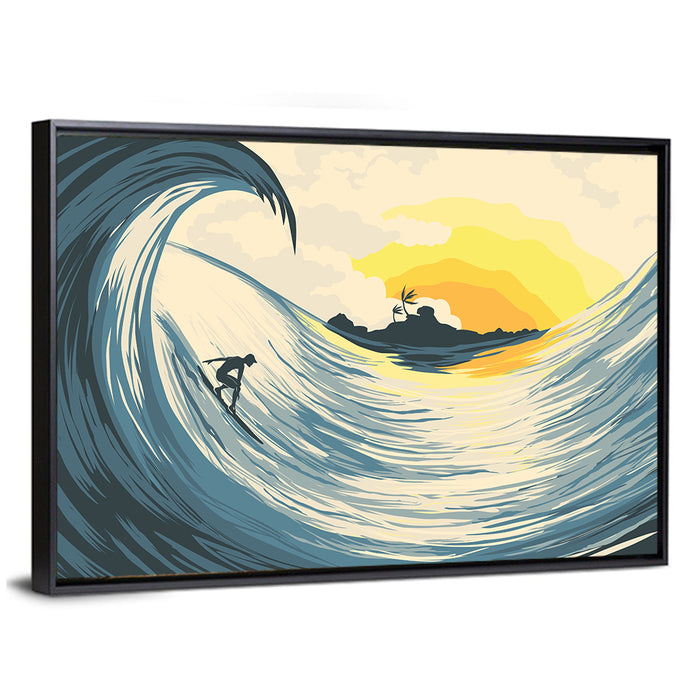 Tropical Sunset Surf Scene Wall Art as a framed canvas