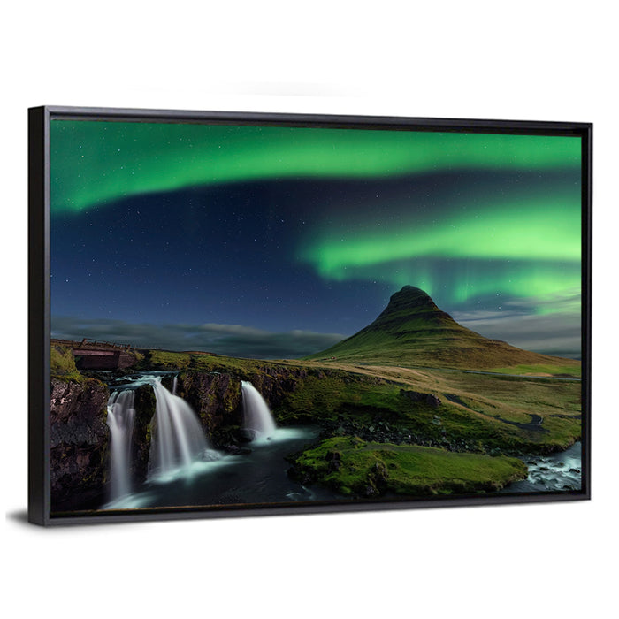 Northern Lights Over Kirkjufellsfoss Wall Art as a framed canvas