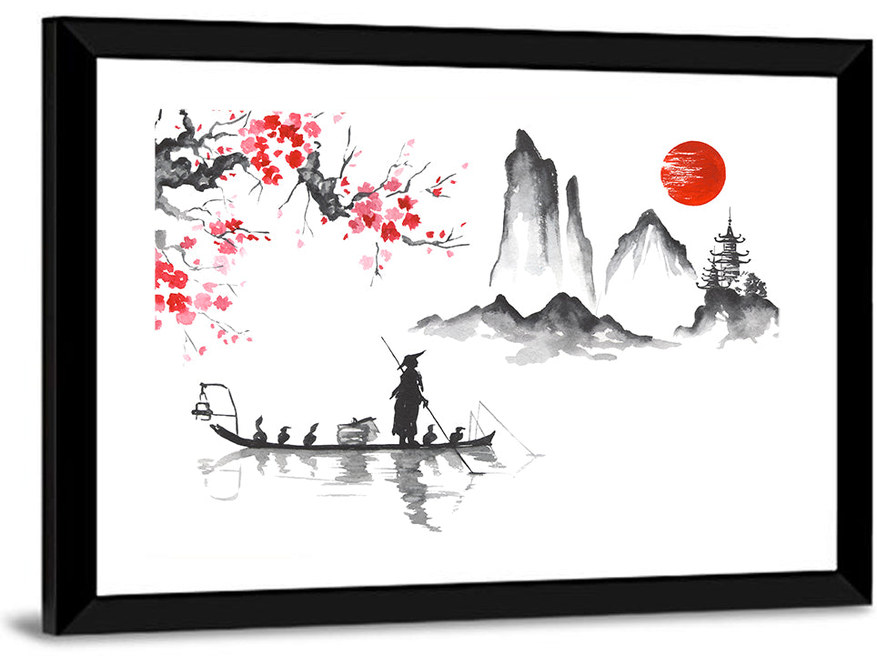 Ink Wash Fishing Boat with Red Sun Wall Art