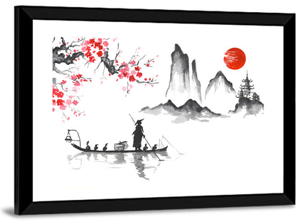 Ink Wash Fishing Boat with Red Sun Wall Art