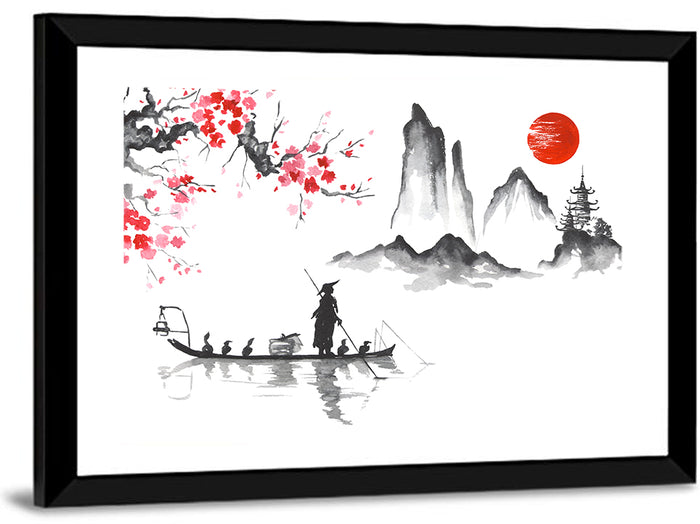 Ink Wash Fishing Boat with Red Sun Wall Art as a framed print