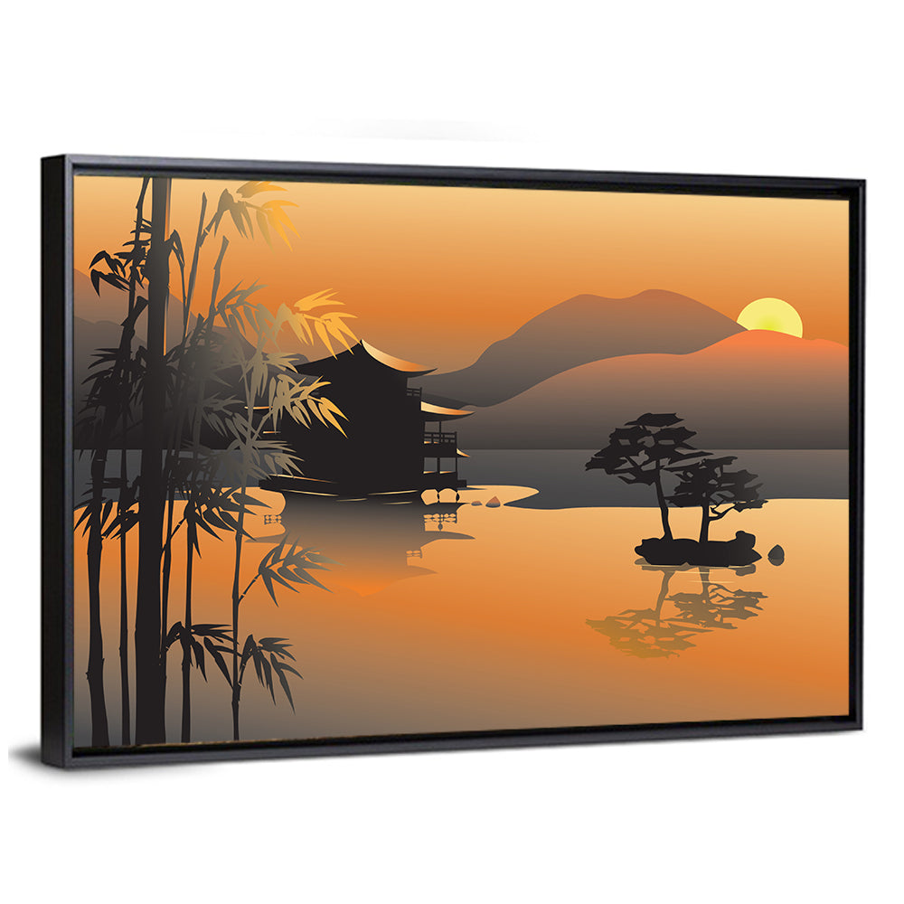 Illustrated Asian Lake With Sunset Wall Art