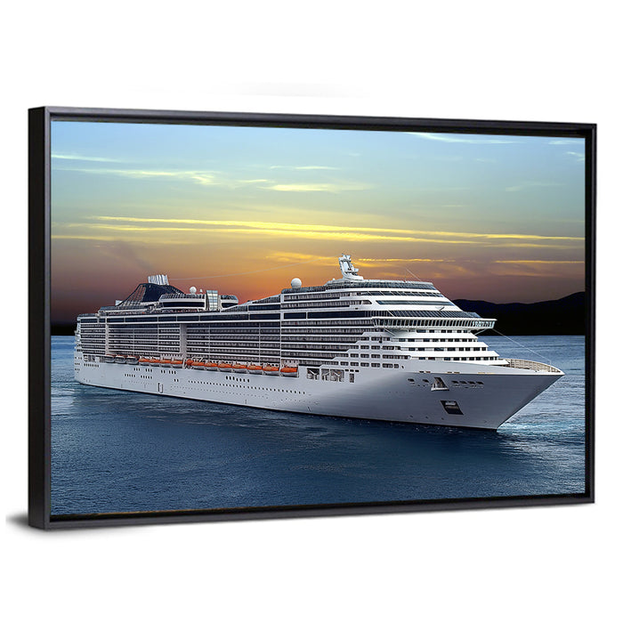 Cruise Ship at Sunset Wall Art as a framed canvas
