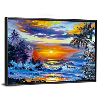 Evening Coastal Sunset with Palm Silhouettes Wall Art