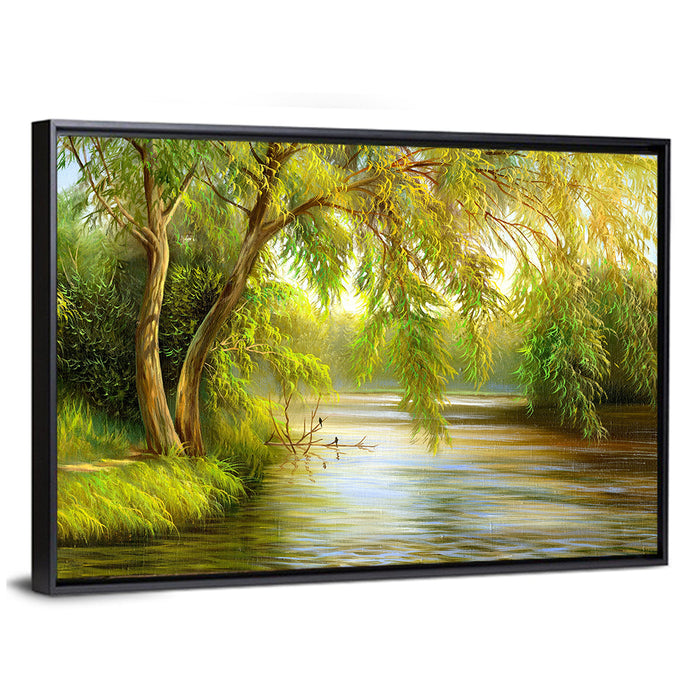 Summer Willow Lake Wall Art as a framed canvas