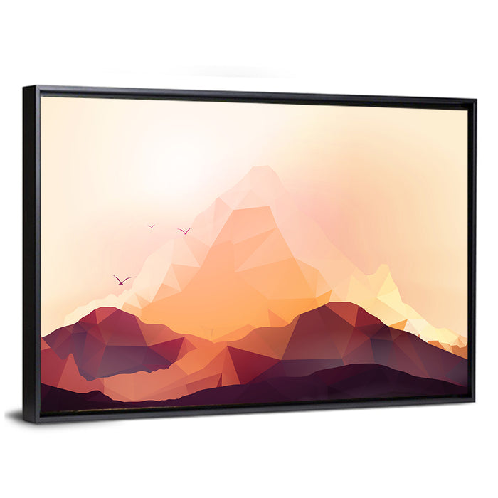 Geometric Mountain Sunset Illustration Wall Art as a framed canvas