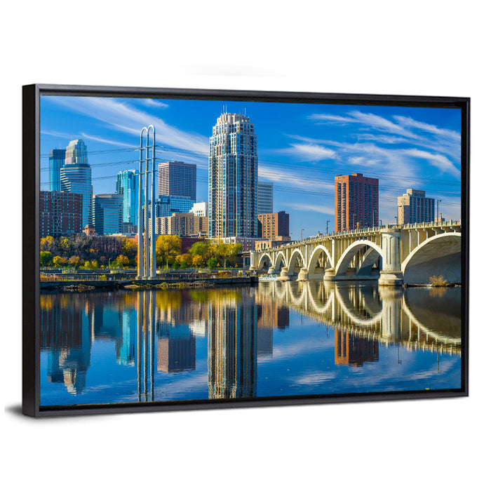 Minneapolis Skyline with Third Avenue Bridge Wall Art as a framed canvas