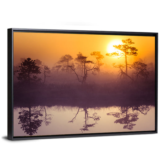 Misty Golden Lake Sunrise Wall Art