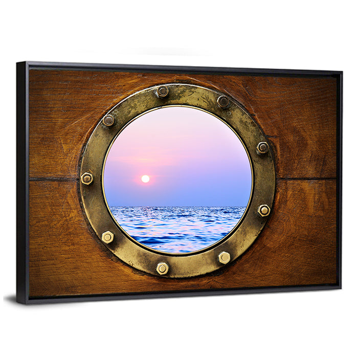 Brass Porthole with Sunset Horizon Wall Art as a framed canvas