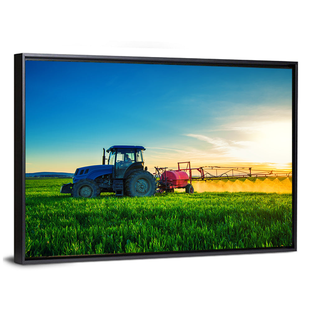 Tractor Spraying Crops at Golden Hour Wall Art
