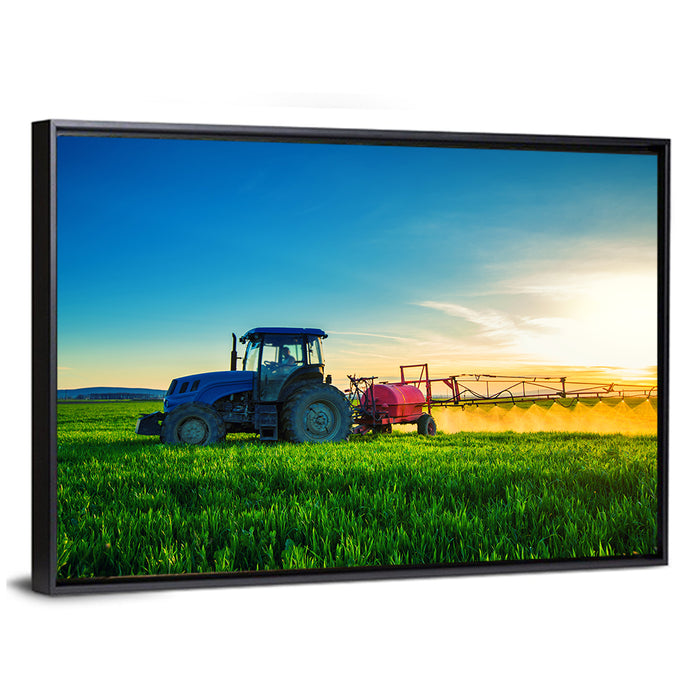 Tractor Spraying Crops at Golden Hour Wall Art as a framed canvas