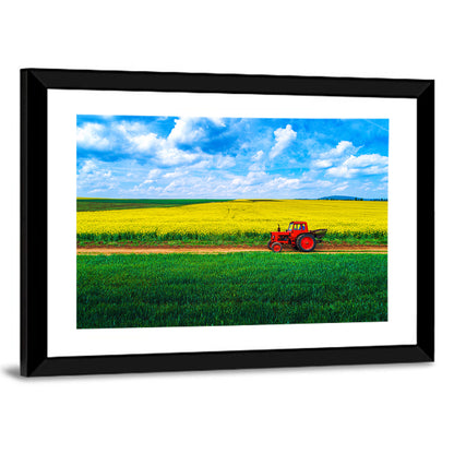 Red Tractor Over Yellow Rapeseed Field Wall Art