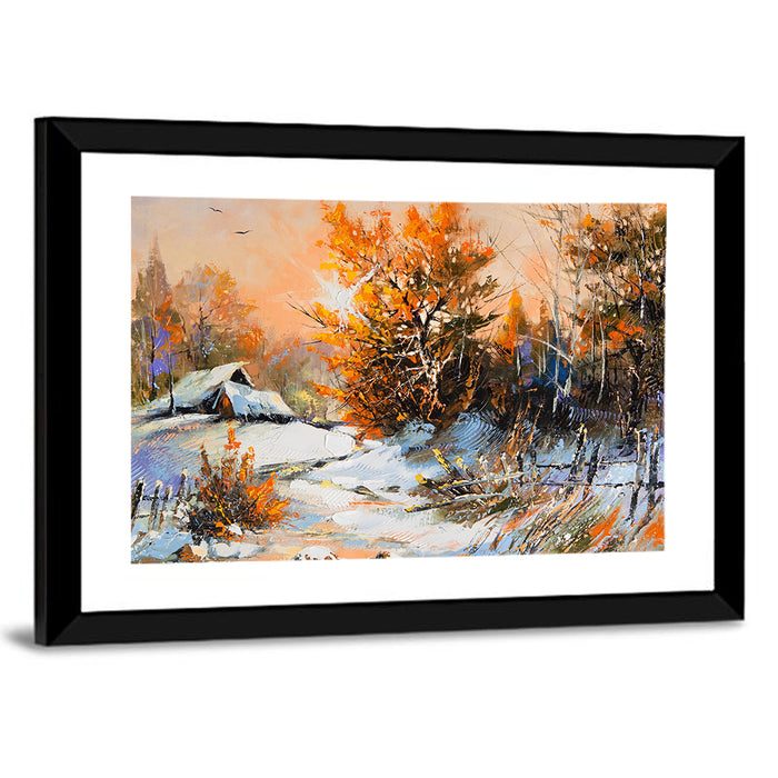 Snowy Cottage at Golden Hour Wall Art as a framed print