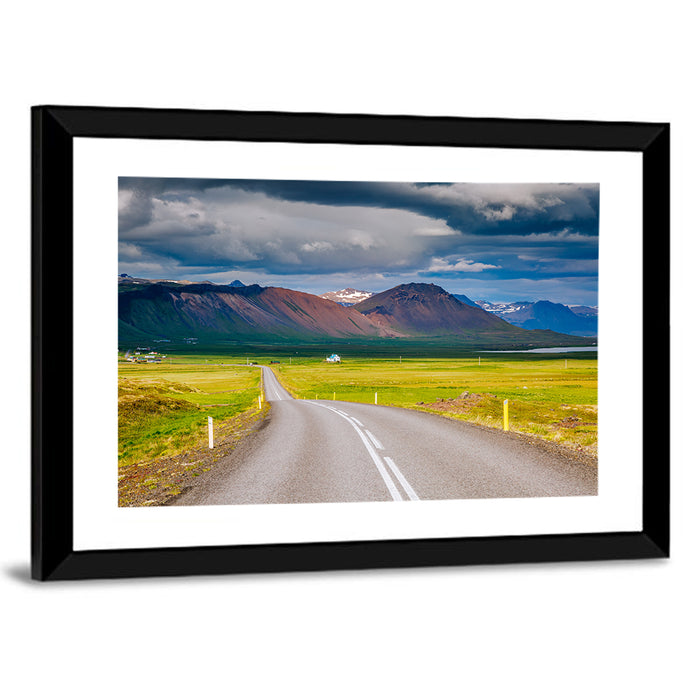 Icelandic Winding Road Toward Mountains Wall Art as a framed print