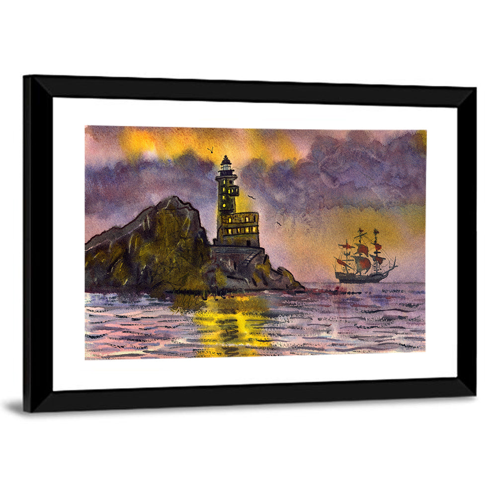 Lighthouse and Sailing Ship at Dusk Wall Art