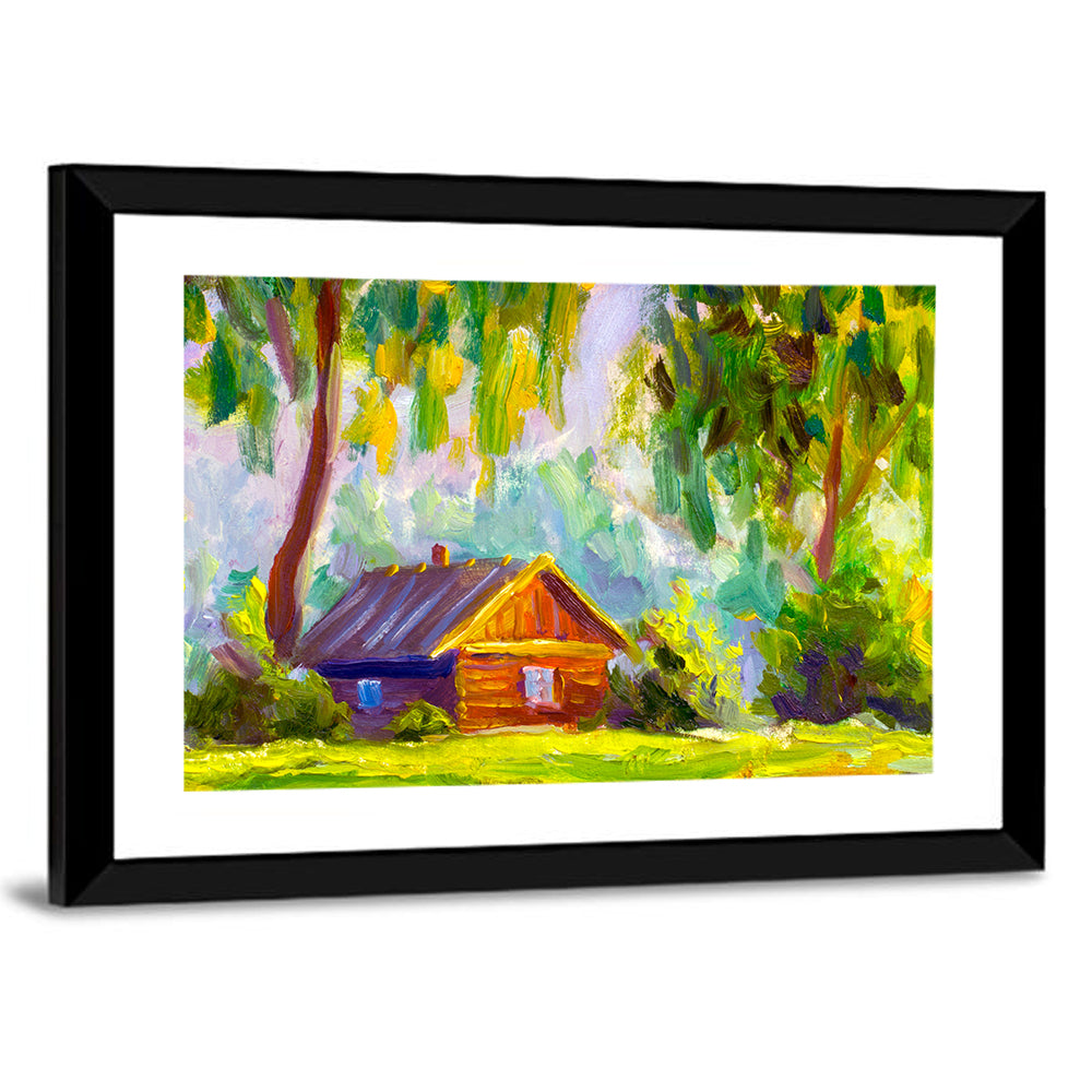 Impressionist Log Cabin in Green Forest Wall Art