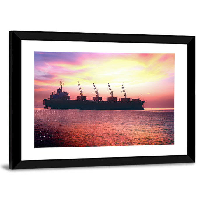 Sunset Cargo Ship Silhouette Wall Art as a framed print