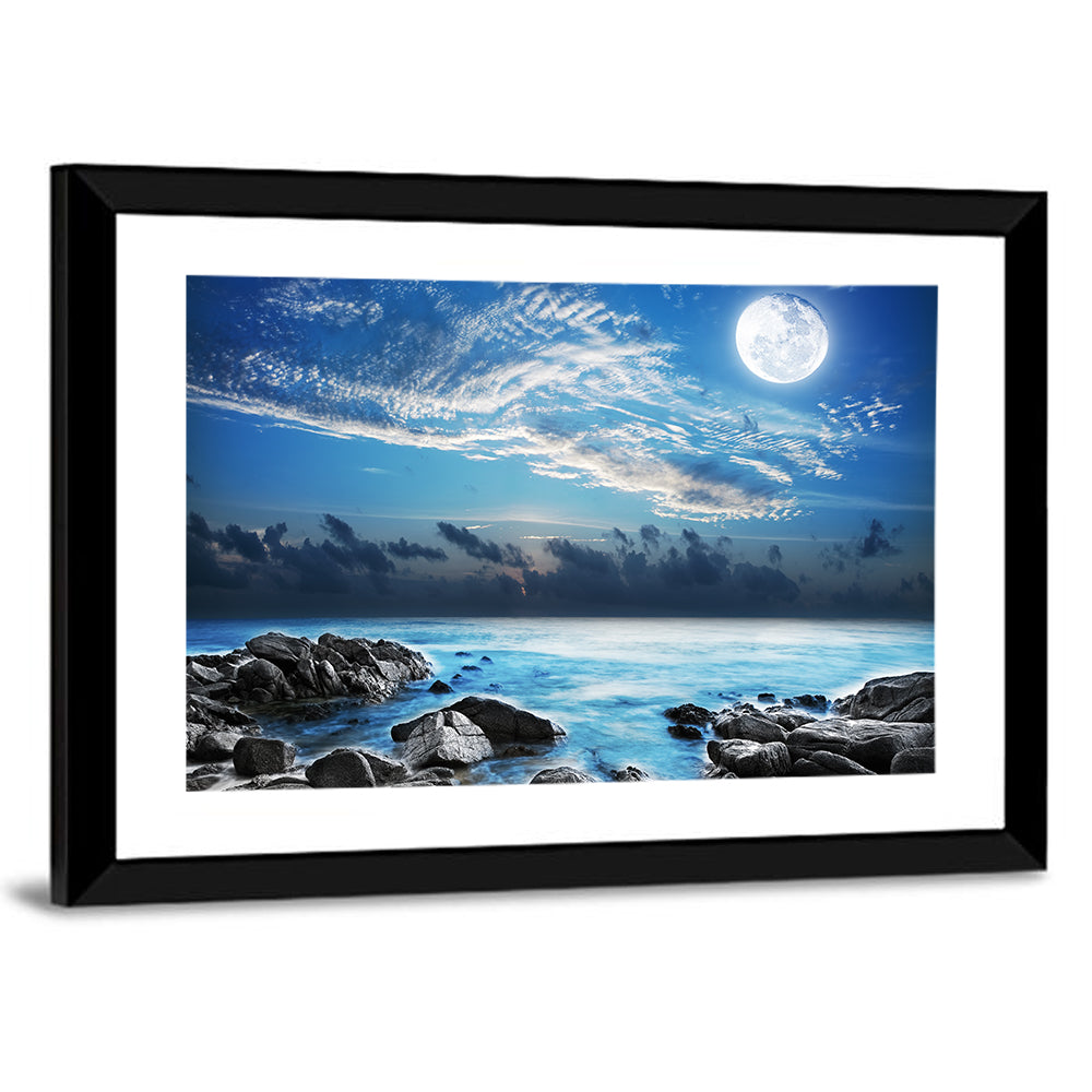 Moonlit Tropical Bay with Rocky Coast Wall Art