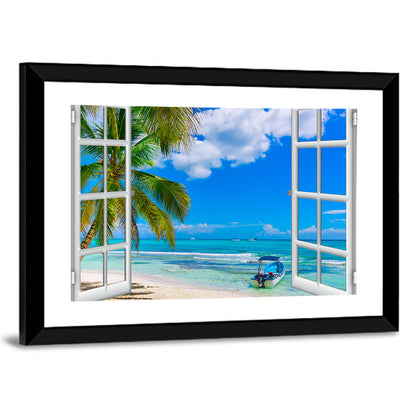 Tropical Ocean View Through Window Wall Art
