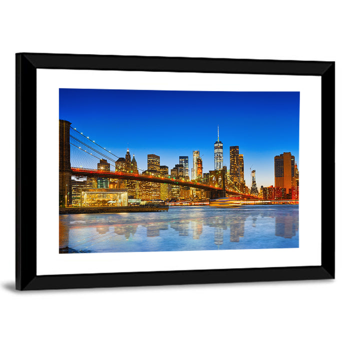 Brooklyn Bridge at Dusk, Lower Manhattan Wall Art as a framed print
