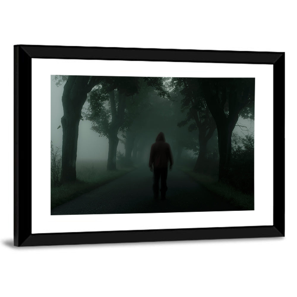 Hooded Silhouette on Foggy Forest Road Wall Art