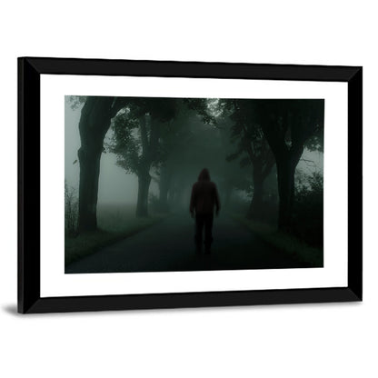 Hooded Silhouette on Foggy Forest Road Wall Art